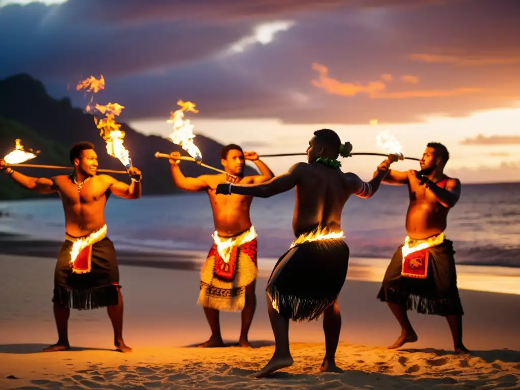 Danza del Fuego de Fiyi significado: Bailarines de fuego en la playa al atardecer, creando patrones de luz hipnotizantes