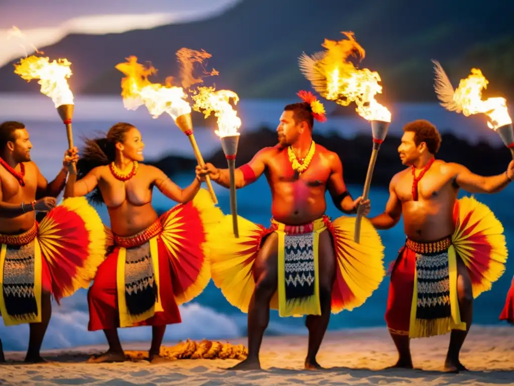 Danza del Fuego de Fiyi significado: Grupo de bailarines fijianos con trajes tradicionales rojos y amarillos, realizando la intensa y cautivadora Danza del Fuego al atardecer sobre el océano Pacífico