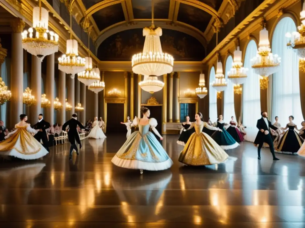 Danza barroca: grácil movimiento, elegancia y etiqueta en un lujoso salón con candelabros y espejos dorados