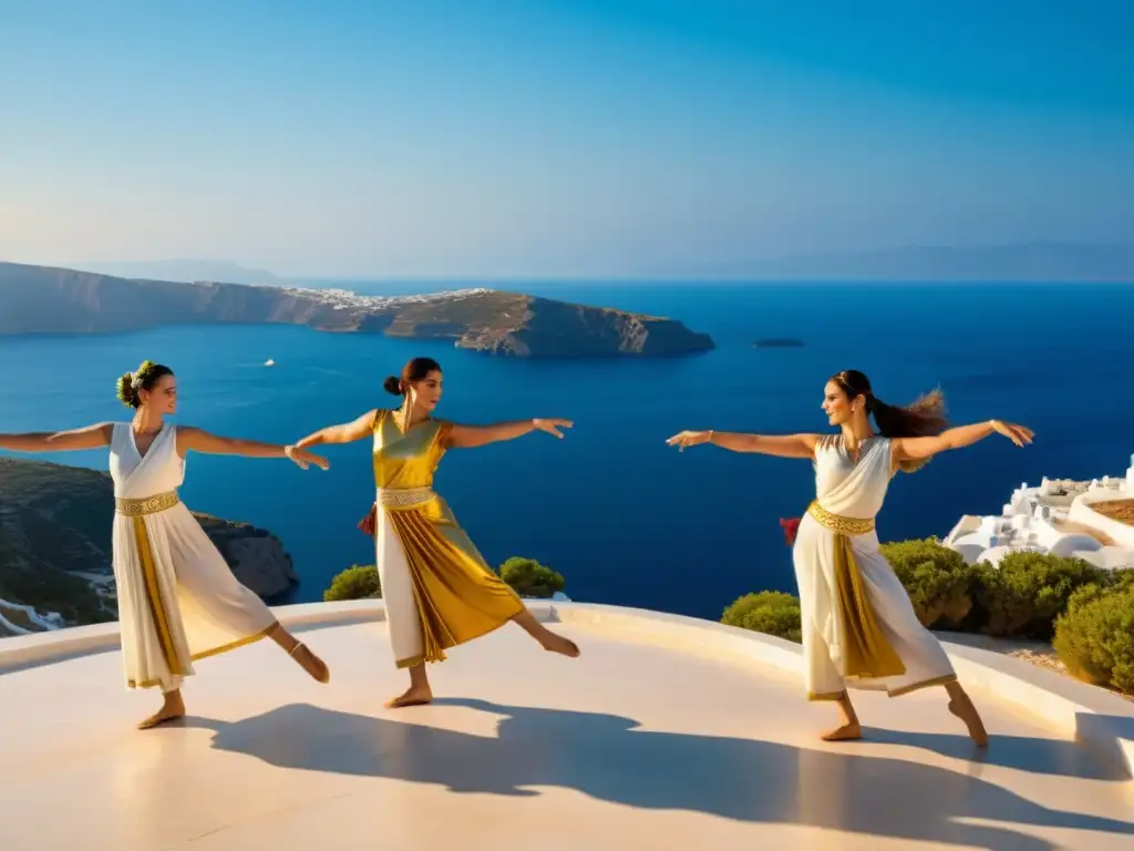 Danza griega en anfiteatro al aire libre con vista al mar Egeo