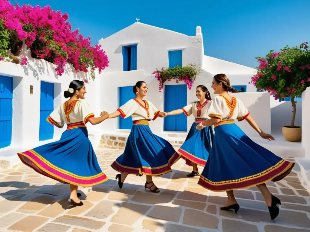 Danza griega tradicional certificaciones online: Coloridos trajes y danzas alegres en una plaza soleada de un pueblo griego