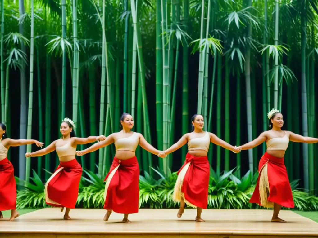 Danza del bambú Tonga: grupo de bailarines ejecutan la tradicional danza del bambú con movimientos sincronizados y trajes vibrantes, en un entorno de exuberante vegetación, mostrando la riqueza cultural y el espíritu comunitario de la danza