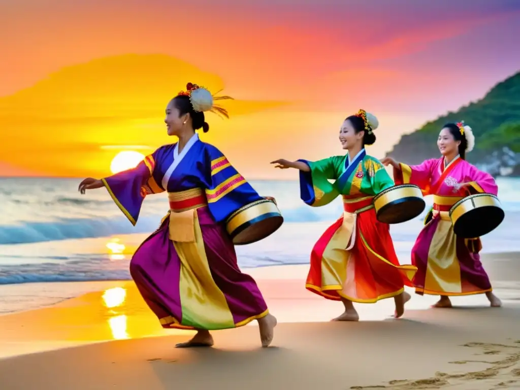 Danza del Tambor Eisa de Okinawa: Grupo de bailarines tradicionales en vibrantes trajes, realizando la enérgica danza Eisa al atardecer en la playa