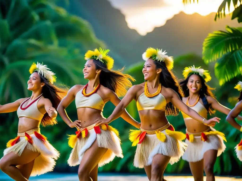 Danza Tamure en Tahití: grupo de bailarines en trajes tradicionales, enérgicos y apasionados, rodeados de exuberante vegetación tropical al atardecer