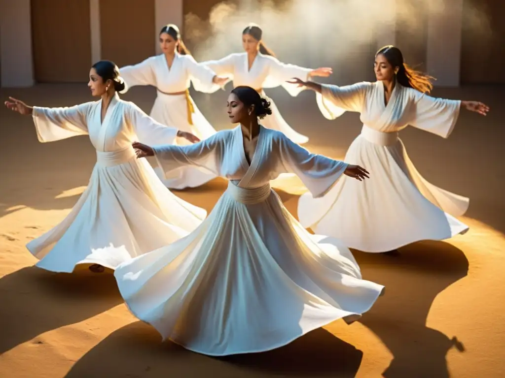 Danza Sufí: grupo de bailarines en túnicas blancas girando con gracia y espiritualidad, creando un espectáculo visual hipnótico