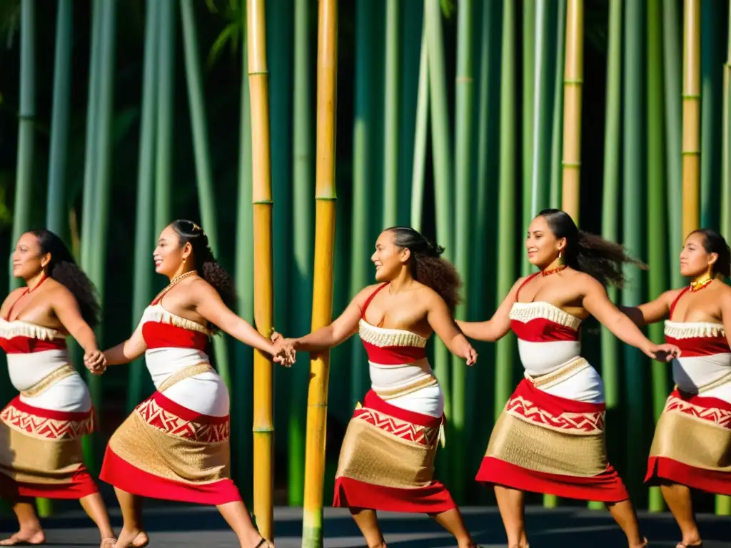 Danza del bambú Tonga: grupo de bailarines en vibrantes trajes tradicionales ejecutando la danza con palos de bambú, capturando la esencia cultural