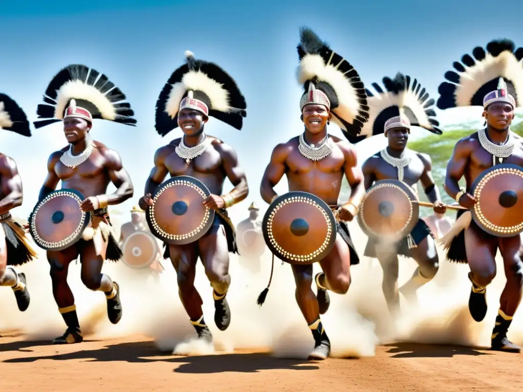 Danza de Guerra Zulú: guerreros realizan danza tradicional con vestimenta colorida y escudos, expresando orgullo y significado cultural