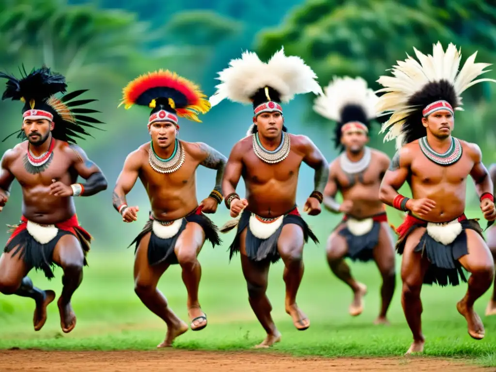 Danza de guerra de Nueva Caledonia: Guerreros fieros ejecutan un baile tribal con determinación en un paisaje tropical exuberante