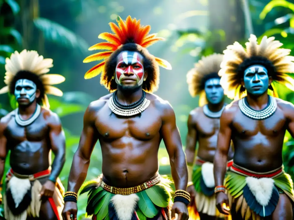 Danza de guerra de Papúa Nueva Guinea: Guerreros papúes con pintura y plumas realizan un ceremonial baile en la selva, expresando poder y tradición