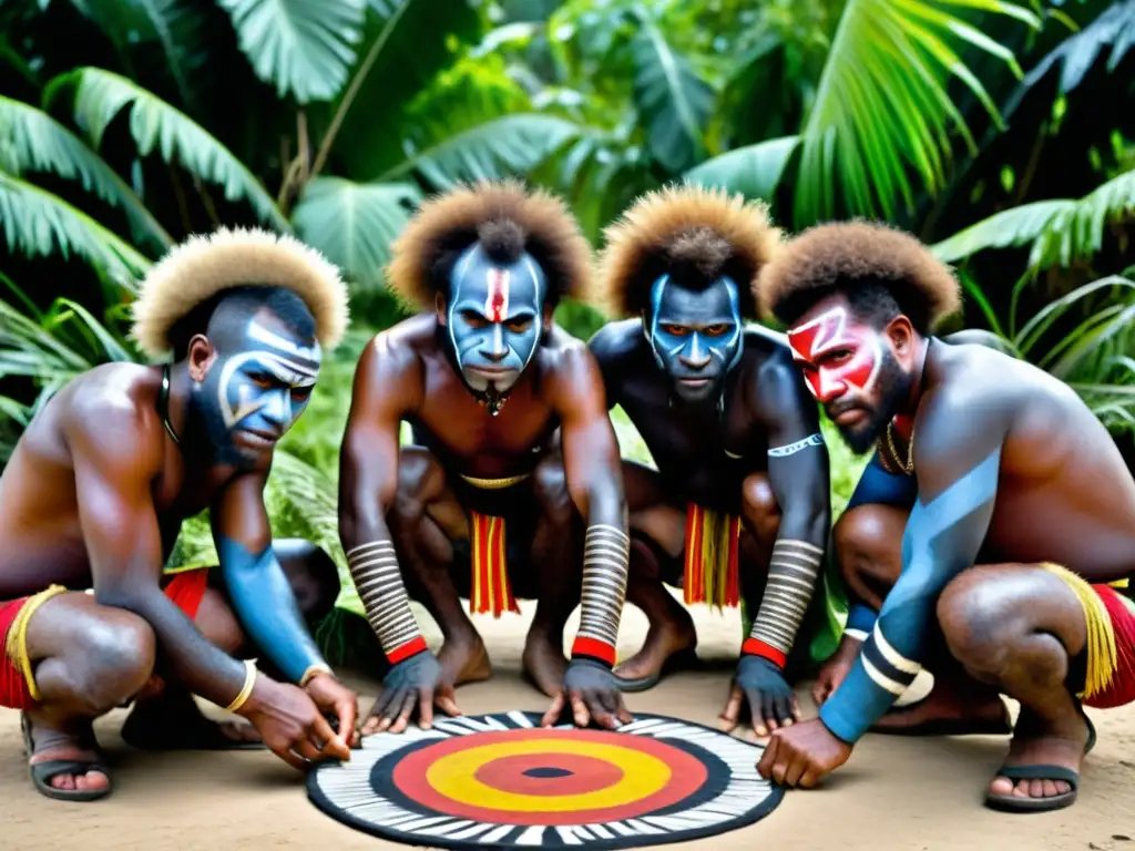 Danza de guerra de Papúa Nueva Guinea: Papuanos en círculo, con atuendos y pinturas tradicionales, ejecutan una danza feroz y enérgica en la selva