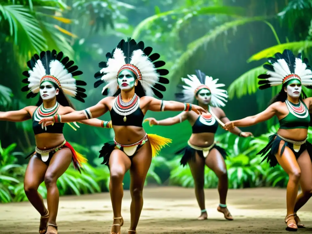 Danza de guerra y paz en Oceanía: Grupo de bailarines indígenas danzando en la selva tropical con trajes tradicionales y pintura de guerra, transmitiendo fuerza y tradición cultural