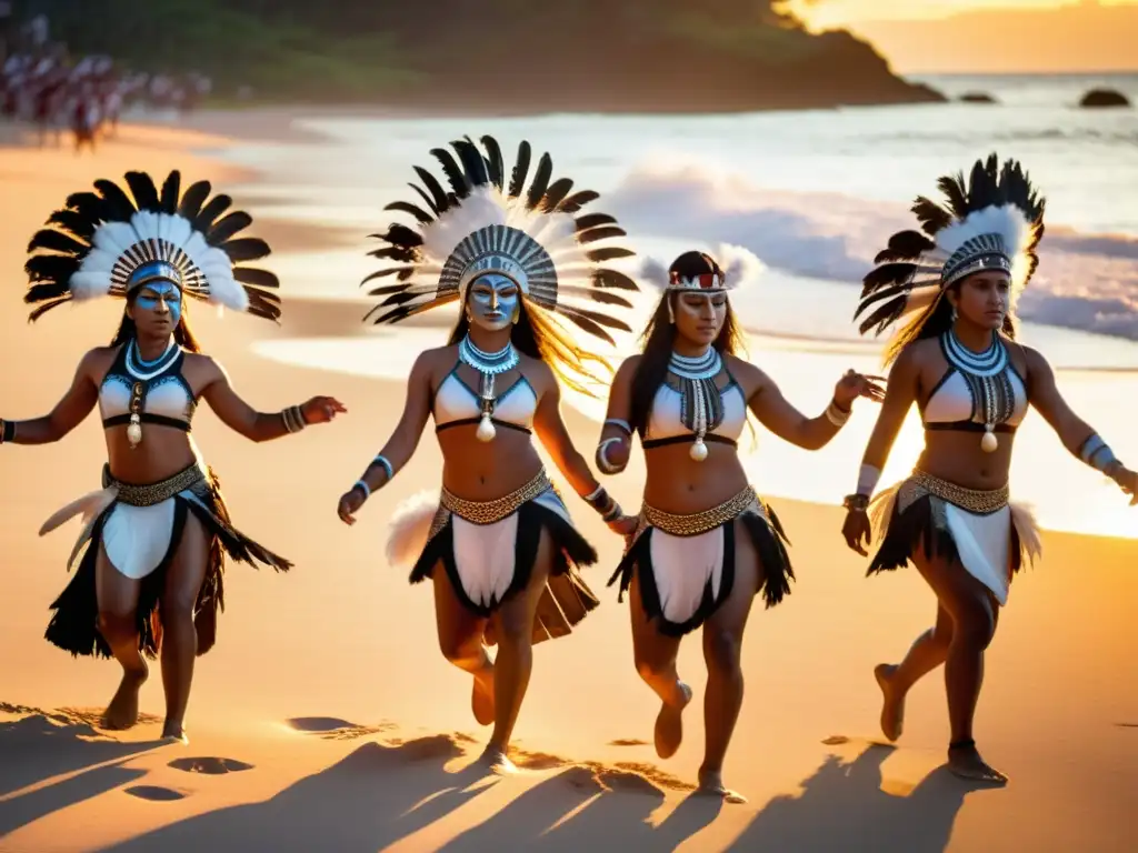 Danza de guerra y paz en Oceanía: Grupo de bailarines indígenas en trajes tradicionales realizando un ritual en la playa al atardecer