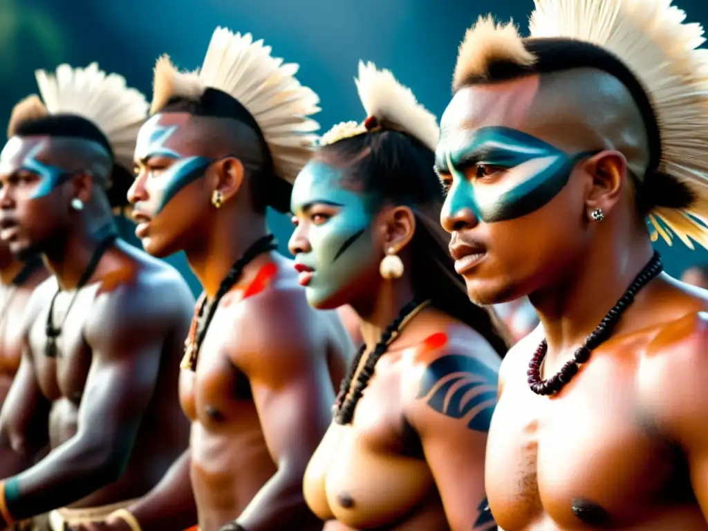 Danza de guerra y paz en Oceanía: Grupo de bailarines oceanicos realiza una danza tradicional con expresiones fieras y vestimenta tradicional