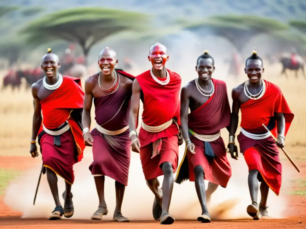 Danza Adumu cultura Masái: Guerreros Masái realizando la danza tradicional con movimientos poderosos y expresiones de orgullo, envueltos en una atmósfera cálida y etérea al atardecer