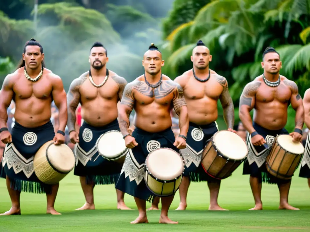 Danza de los guerreros maoríes ejecutando un haka tradicional, expresando fuerza y tradición en un entorno natural exuberante