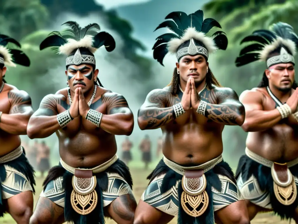 Danza de los Guerreros Maoríes: Intensa Haka con guerreros, tatuajes y vestimenta tradicional en un escenario brumoso y misterioso