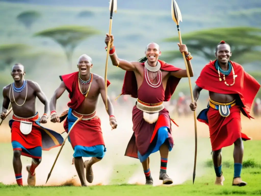 Danza guerreros maasai realizando un poderoso baile tradicional en la sabana dorada, expresando su significado cultural y orgullo guerrero