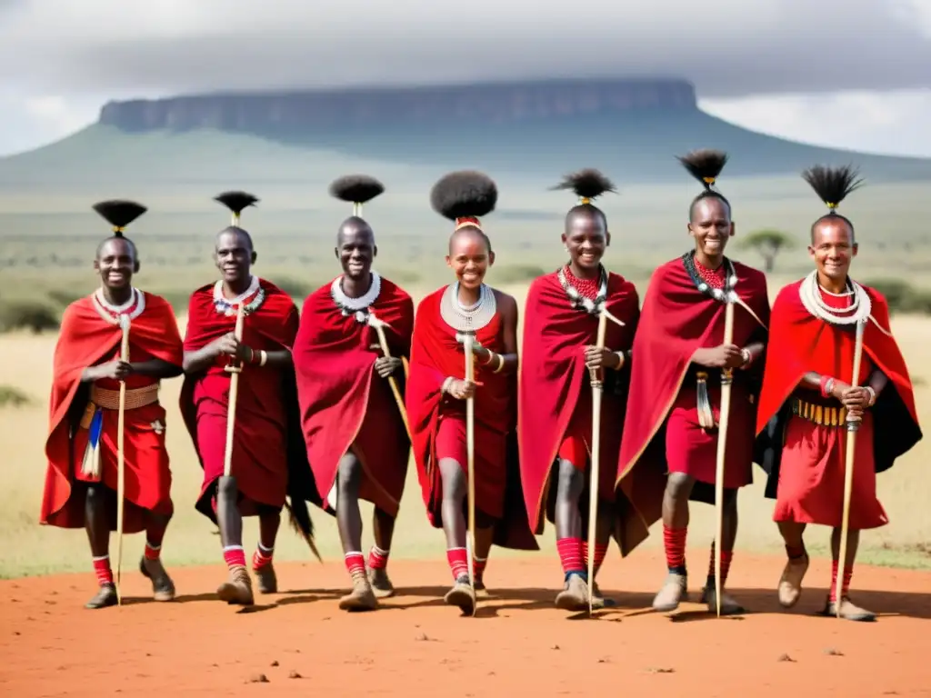 Danza de guerreros maasai en la sabana africana al atardecer, reflejando su significado cultural de valentía y unidad