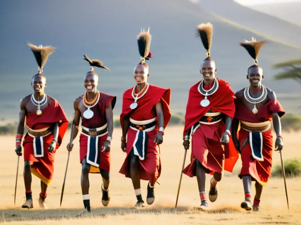 Danza guerreros maasai en la sabana africana, saltos energéticos, atuendo rojo y joyas, reflejo cultural y espiritualidad