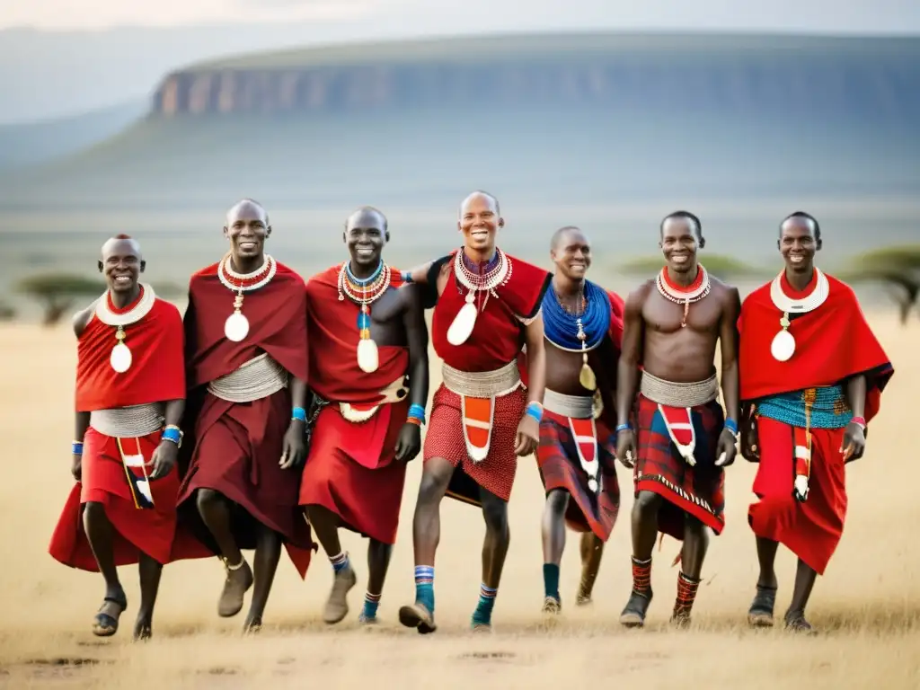 Danza guerreros maasai significado cultural: Maasai guerreros ejecutan enérgica danza tradicional bajo el sol africano, expresando fuerza y tradición