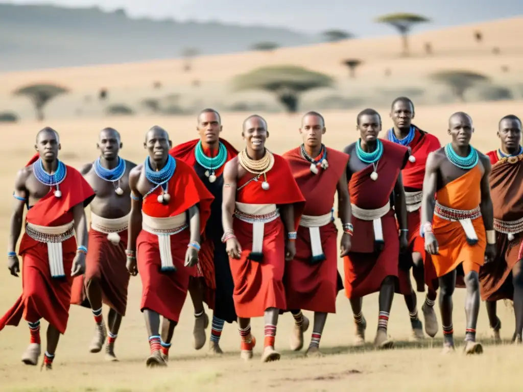 Danza guerreros maasai significado cultural: Maasai guerreros en vibrante danza tradicional en la sabana africana, exudando fuerza y agilidad