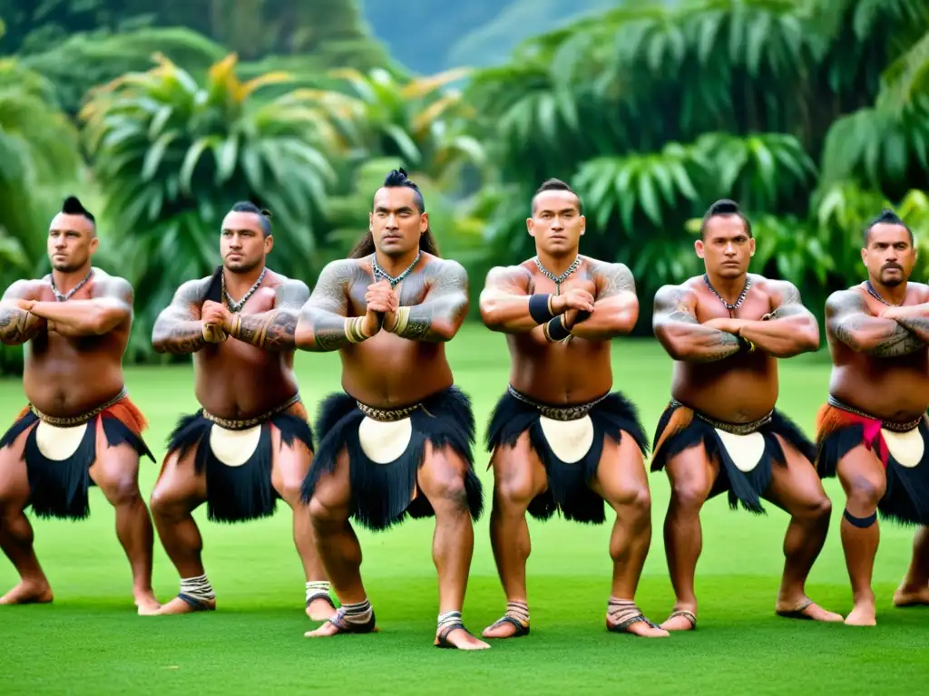 Danza de los Guerreros Maoríes: Grupo ejecuta Haka con tatuajes, mantos de plumas y expresiones faciales intensas, en medio de exuberante vegetación