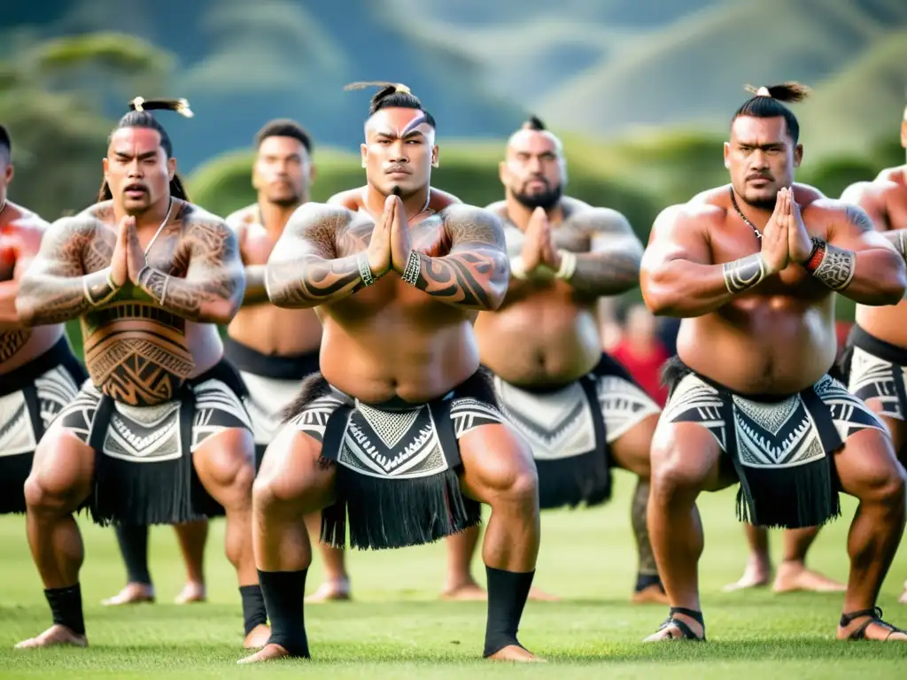 Danza de los Guerreros Maoríes: Poderoso haka en un campo, con guerreros con tatuajes moko, expresiones fieras y trajes tradicionales