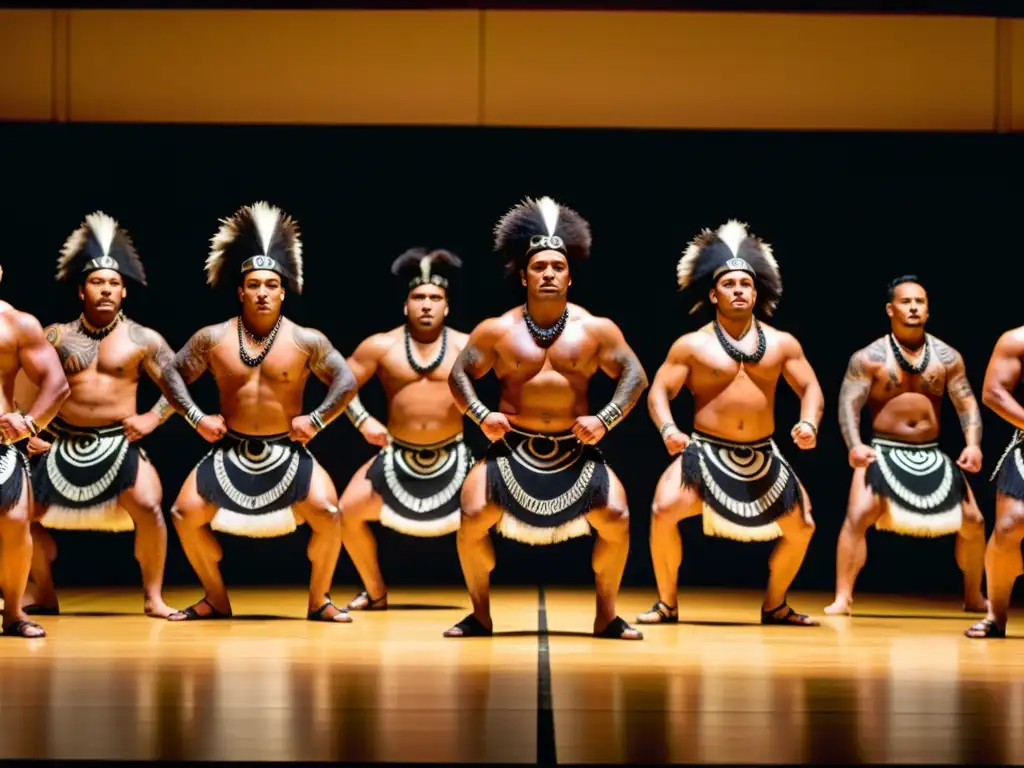 Danza Haka Maorí Europa: Grupo de bailarines Maoríes realizando el Haka con expresiones faciales intensas y trajes tradicionales impresionantes