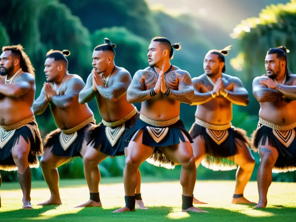 Danza Haka Maorí: expresión cultural y fuerza en movimiento, con trajes tradicionales y tatuajes, en un entorno natural