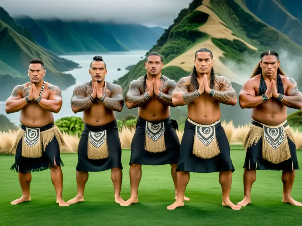 Danza Haka Maorí: expresión cultural intensa con energía y orgullo en paisaje impresionante de Nueva Zelanda