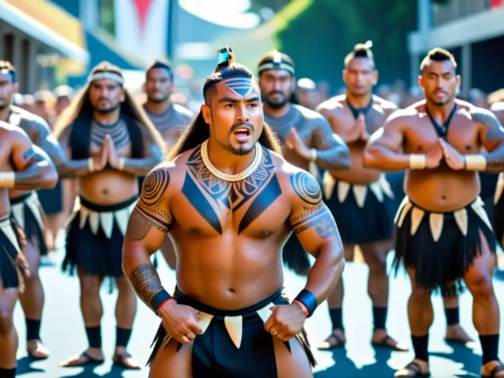 Danza Haka Maorí Europa: Intenso baile Haka Maorí en Europa, con impactante exhibición y espectadores fascinados