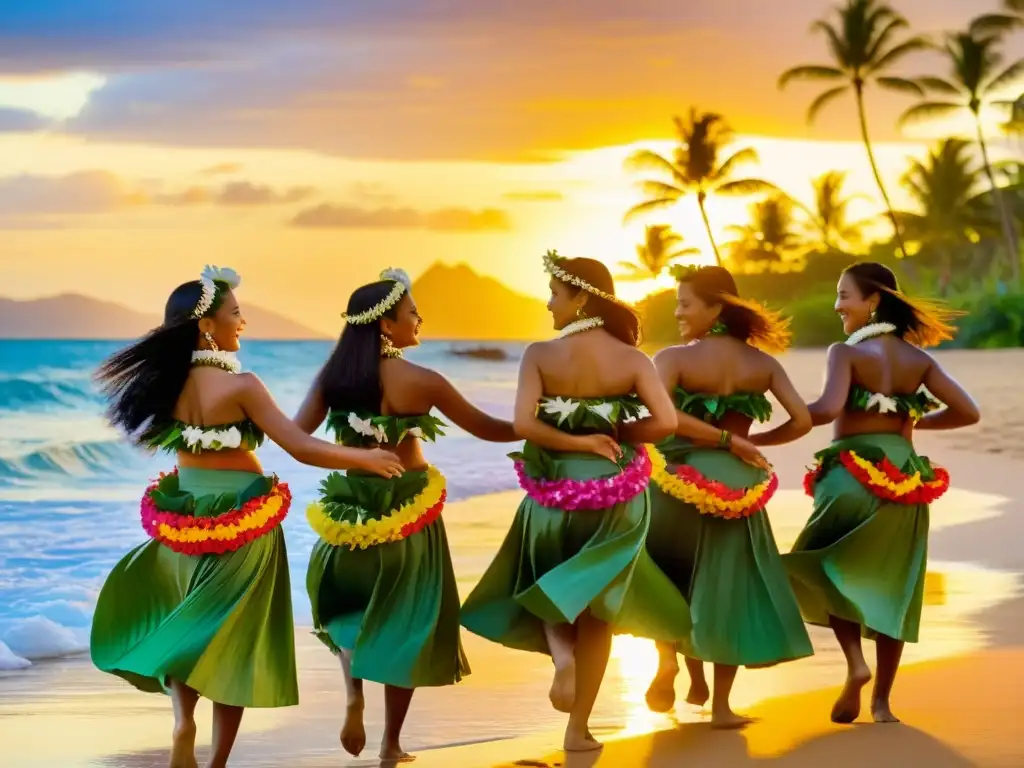 Danza hawaiana diáspora significado cultural: Grupo de bailarinas hula en trajes tradicionales, moviéndose graciosamente en la playa al atardecer, con leis y faldas coloridas destacando contra el cielo dorado