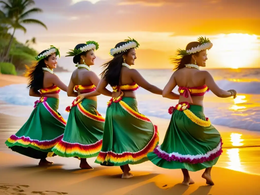 Danza hawaiana diáspora significado cultural: Grupo de bailarinas hula en la playa al atardecer, con trajes tradicionales y movimientos elegantes