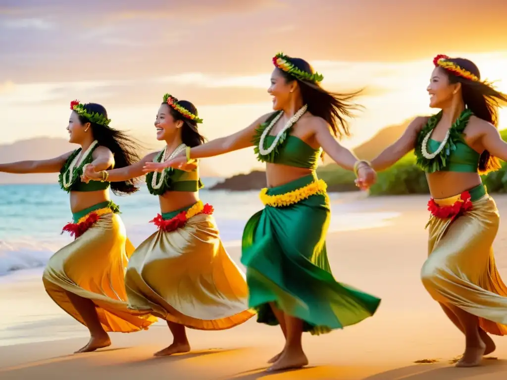 Danza hawaiana diáspora significado cultural: Grupo de bailarinas hula con trajes tradicionales, moviéndose graciosamente al atardecer en la playa