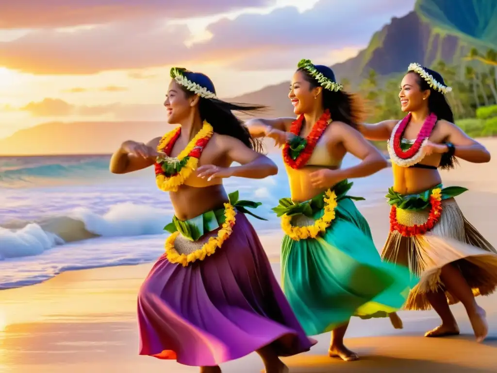 Danza hawaiana y narrativa del Pacífico: Grupo de bailarinas de hula en la playa al atardecer, con el mar de fondo y colores vibrantes en el cielo