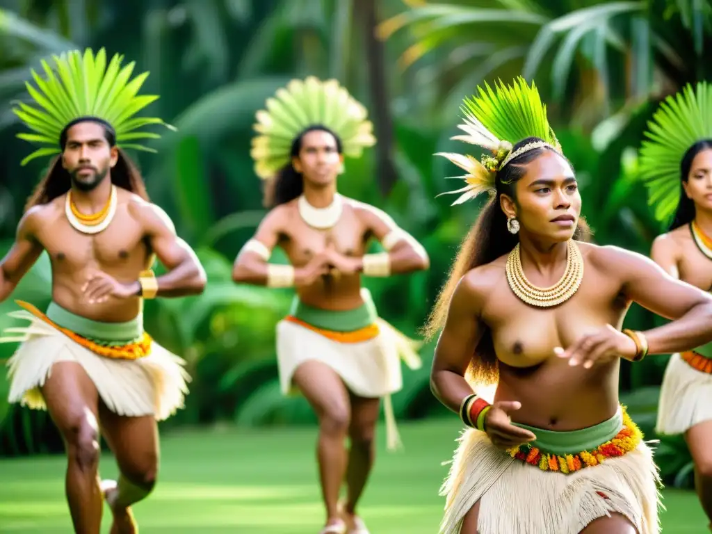 Danza de la Iguana de Fiyi: Bailarines indígenas ejecutan la danza con gracia y energía en un entorno exuberante y soleado