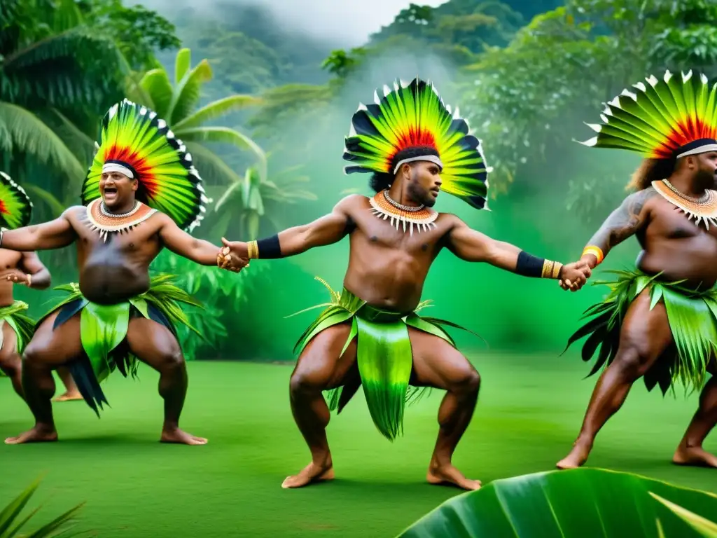 Fotografía de la Danza de la Iguana de Fiyi, con bailarines vestidos de iguanas en un baile tradicional entre exuberante vegetación tropical