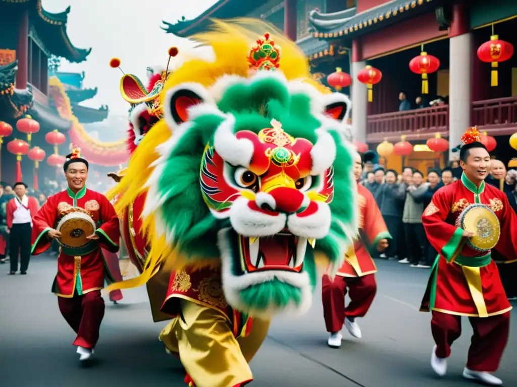 Danza del león y el dragón: Una impactante actuación de danza tradicional china en la bulliciosa calle, con trajes detallados y poses dinámicas