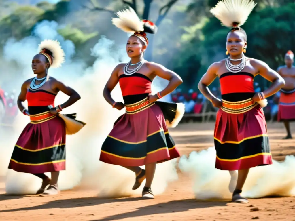 Danza del Incwala en Eswatini: Bailarines swazis realizan la sagrada danza con reverencia, energía y colorido en un claro soleado al atardecer