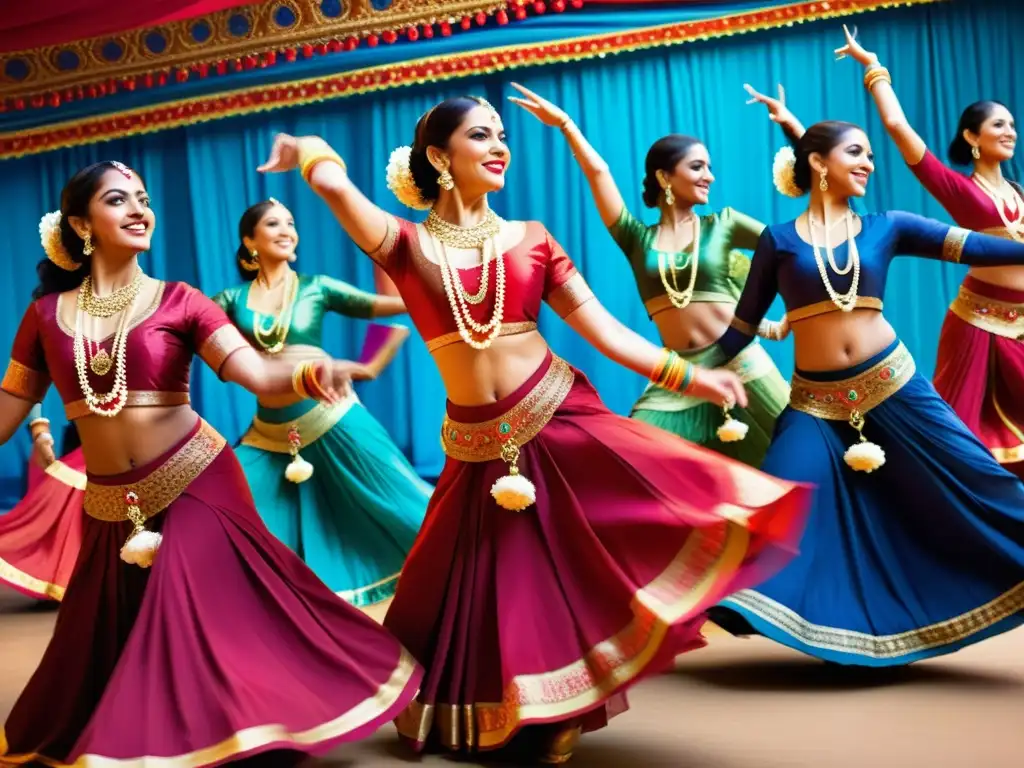 Danza india en la gran pantalla: Un vibrante escenario de Bollywood, con danzantes llenos de energía y vestimenta tradicional, deslumbrante y colorida