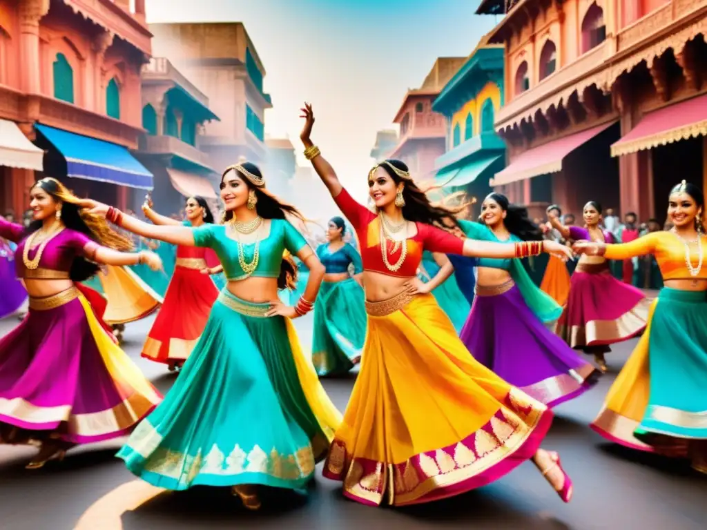 Danza india en la gran pantalla: Vibrante secuencia de baile Bollywood con coloridos trajes tradicionales y coreografías cautivadoras