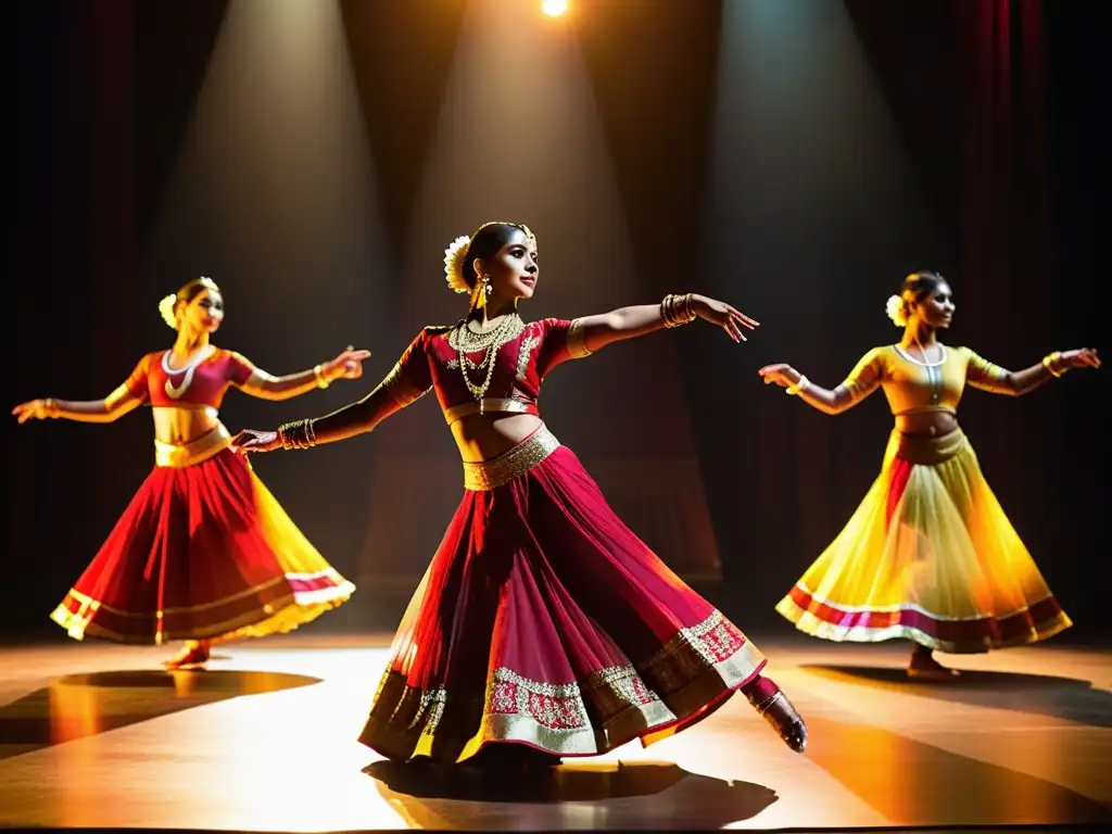 Presentación de danza india iluminada en el escenario, destacando el significado cultural de las danzas con movimientos fluidos y trajes vibrantes