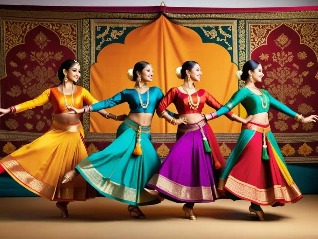 Danza India Moderna Online: Bailarines en trajes tradicionales, movimientos gráciles y coloridas telas de fondo