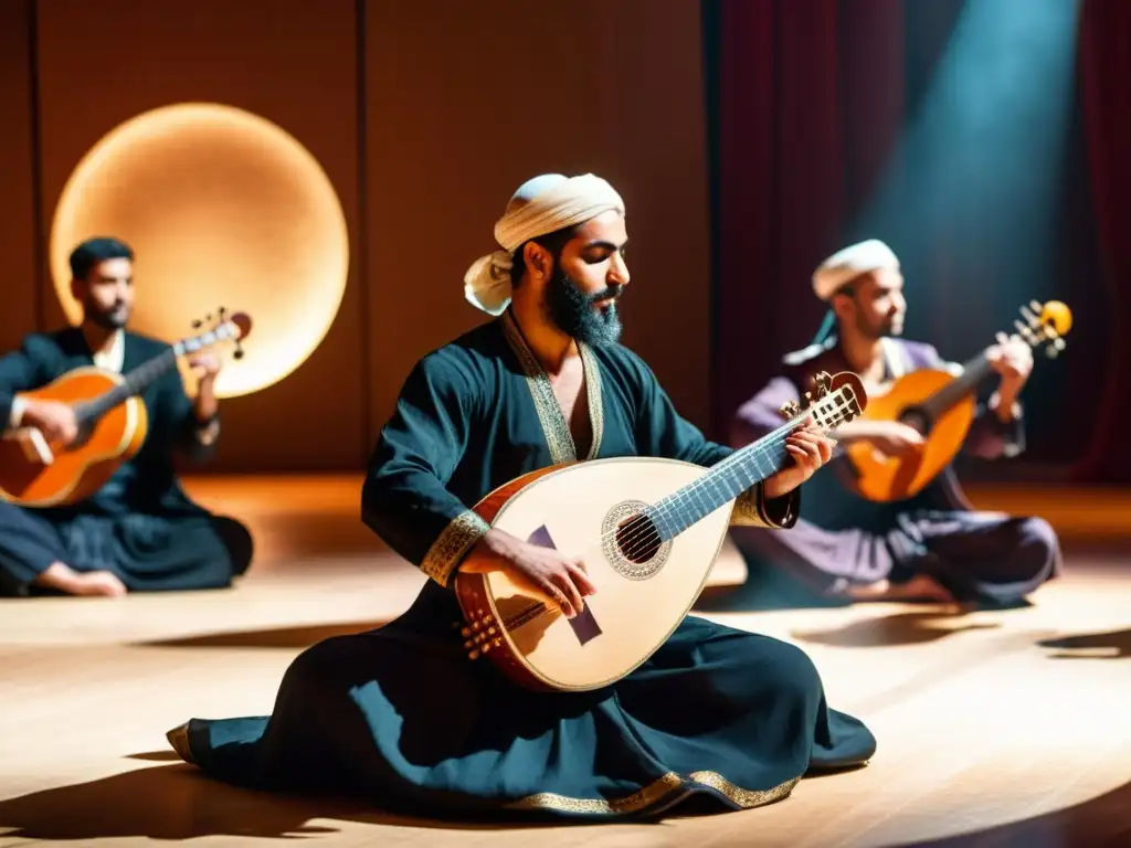 Danza árabe con influencia del oud: Un hábil intérprete de oud toca con pasión, mientras bailarines envueltos en elegantes trajes dan vida a la fusión de la danza árabe clásica y contemporánea