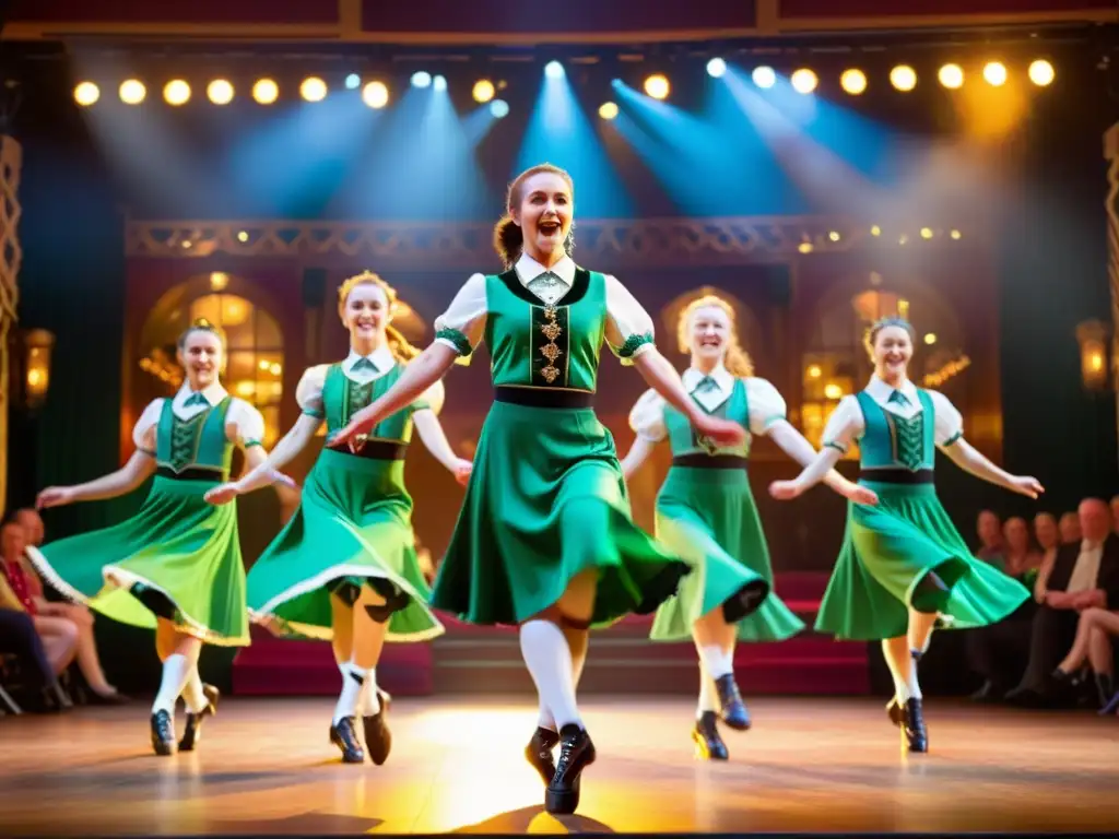 Danza irlandesa tradicional: vibrante energía y destreza en un escenario, reflejando el significado cultural y la pasión de esta forma de arte