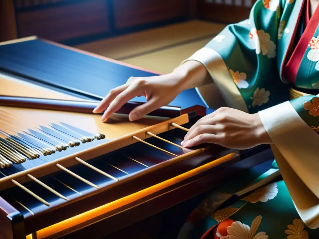 Danza del Kabuki Japón: Músico japonés tocando delicadamente un koto, destacando la gracia y elegancia de la actuación