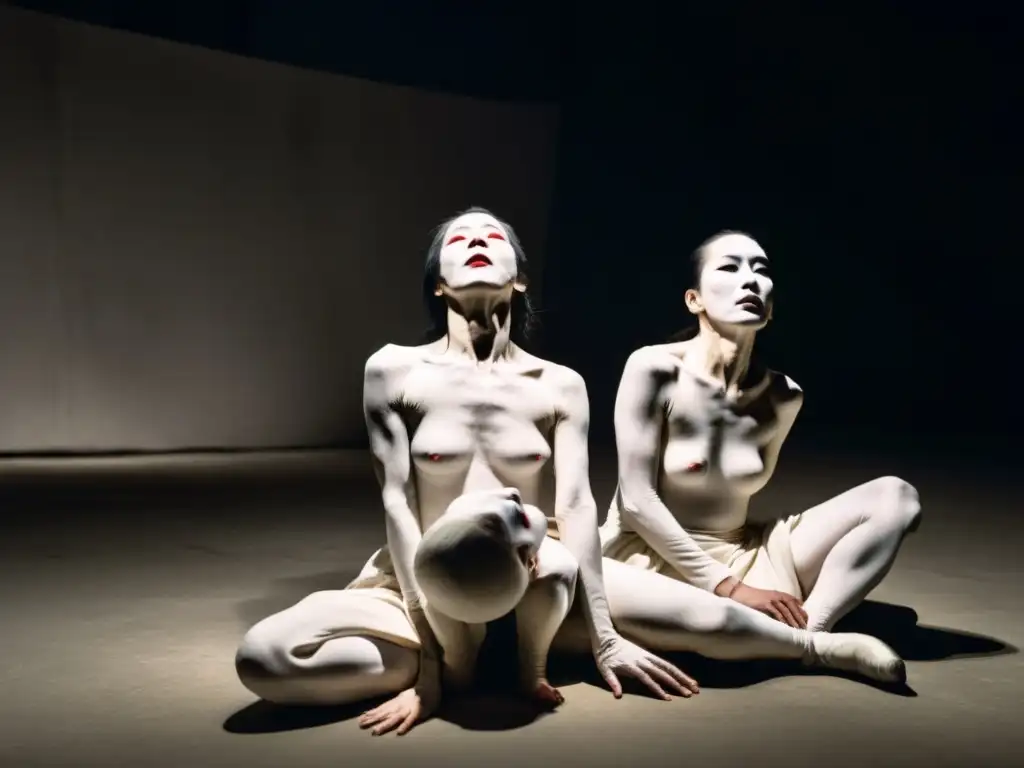 Danza Butoh Japonesa: grupo de bailarines contorsionados pintados de blanco, expresando angustia e introspección en un espacio atmosférico