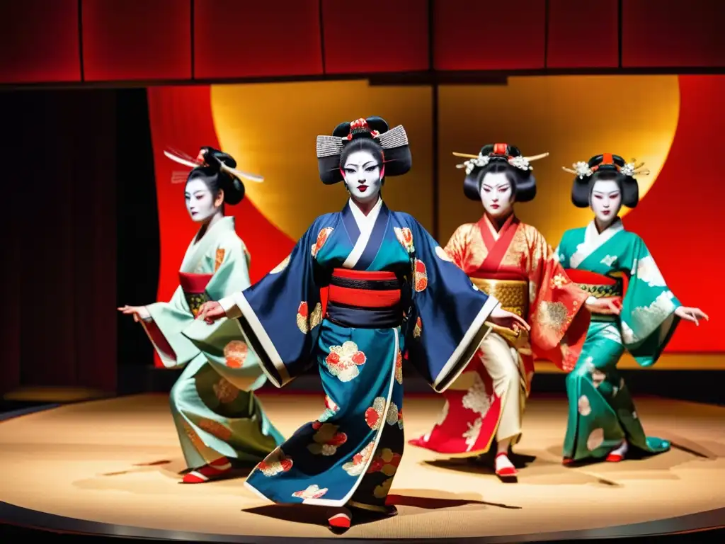 Danza japonesa Kabuki: un despliegue técnico distintivo, con trajes vibrantes y movimientos envolventes en escenario tradicional