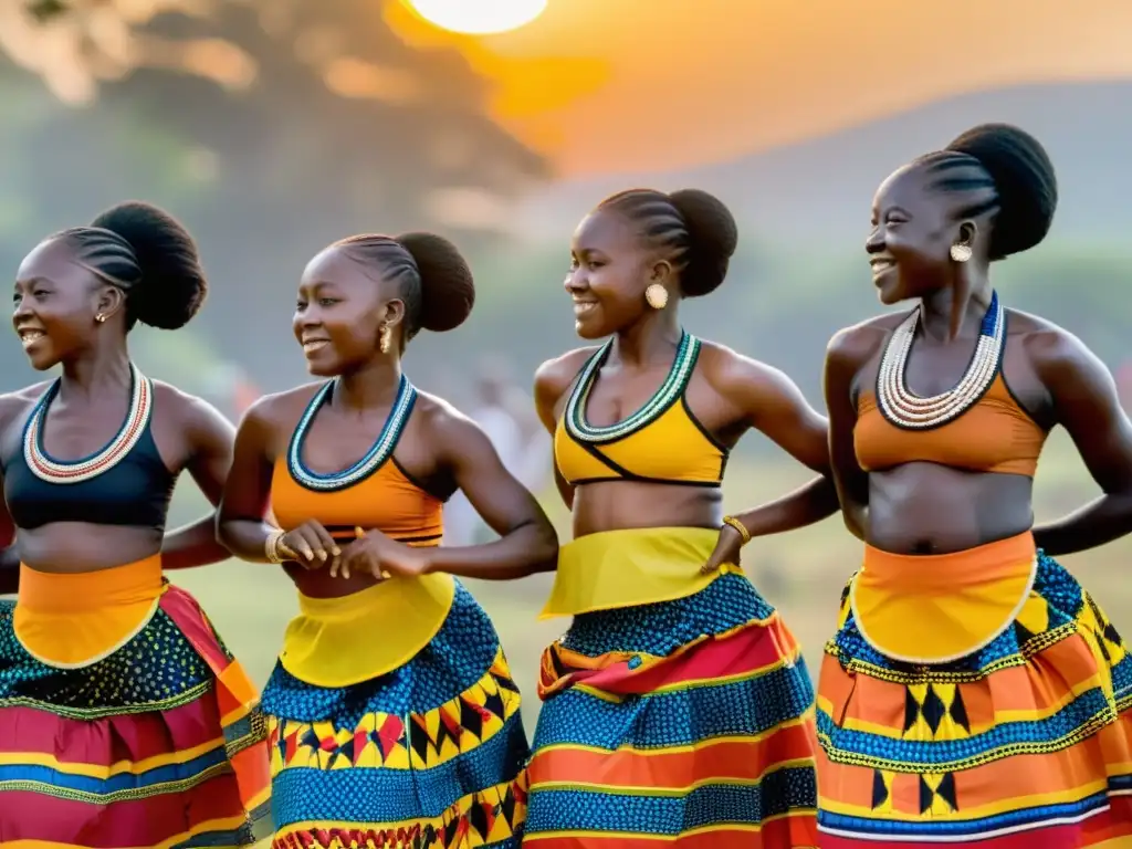 Danza Kpanlogo en Ghana: jóvenes bailarines en atuendos tradicionales vibrantes, expresando vitalidad y cultura a través de sus movimientos llenos de energía y color