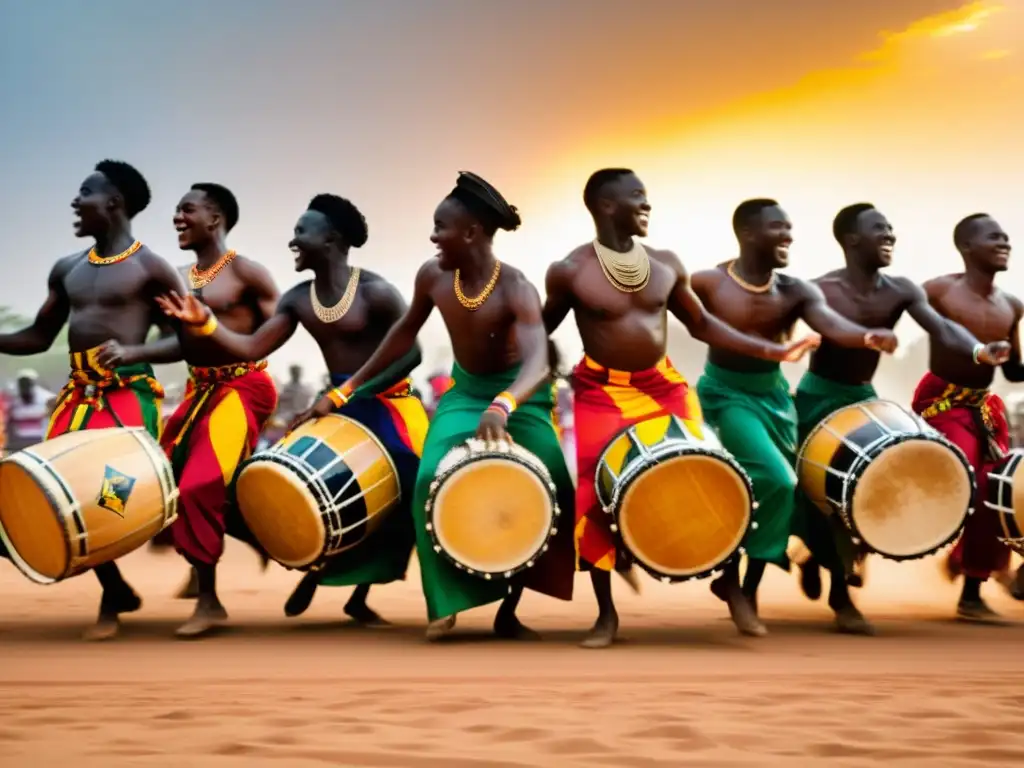 Danza Kpanlogo en Ghana: jóvenes bailarines en trajes tradicionales, el ambiente rebosa energía y alegría cultural